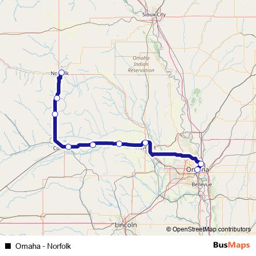 Omaha - Norfolk bus Line Map