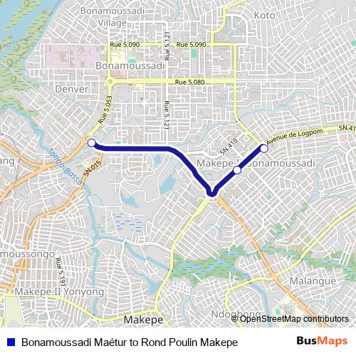 Bonamoussadi Maétur to Rond Poulin Makepe bus Line Map