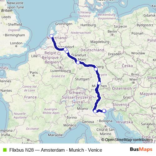 Flixbus N28 bus Line Map