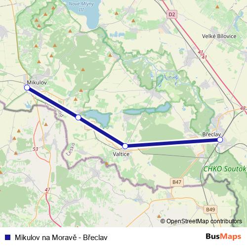 Mikulov na Moravě - Břeclav rail Line Map