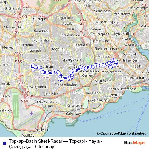 Topkapi-Basin Sitesi-Radar bus Line Map