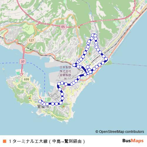 1 ターミナル工大線（中島→鷲別経由） bus Line Map