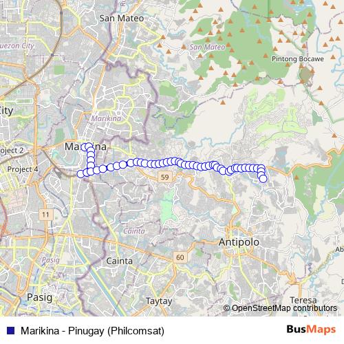Marikina - Pinugay (Philcomsat) bus Line Map