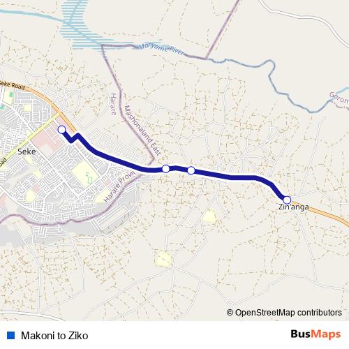 Makoni to Ziko bus Line Map