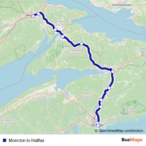 Moncton to Halifax bus Line Map