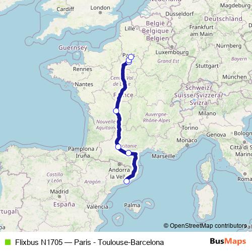 Flixbus N1705 bus Line Map