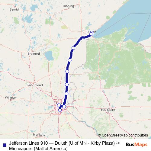 Jefferson Lines 910 bus Line Map