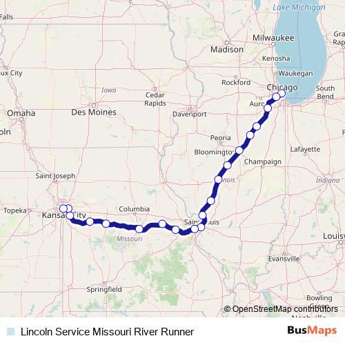 Lincoln Service Missouri River Runner rail Line Map