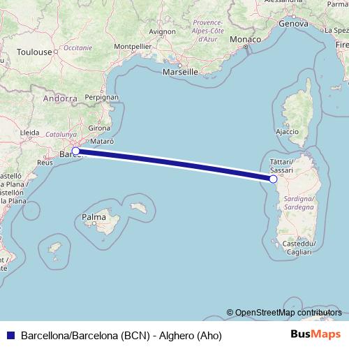 Barcellona/Barcelona (BCN) - Alghero (Aho) air Line Map