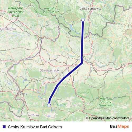 Cesky Krumlov to Bad Goisern bus Line Map