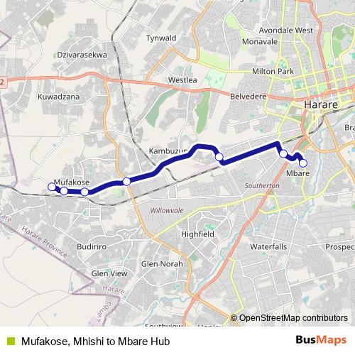 Mufakose, Mhishi to Mbare Hub bus Line Map