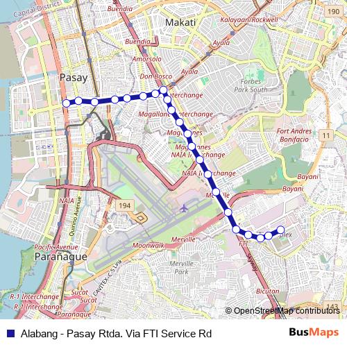 Alabang - Pasay Rtda. Via FTI Service Rd bus Line Map