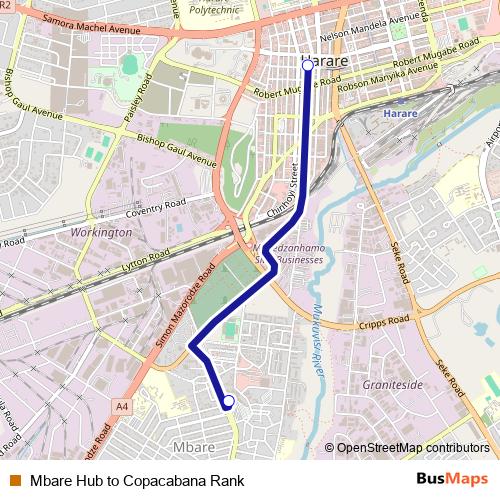 Mbare Hub to Copacabana Rank bus Line Map