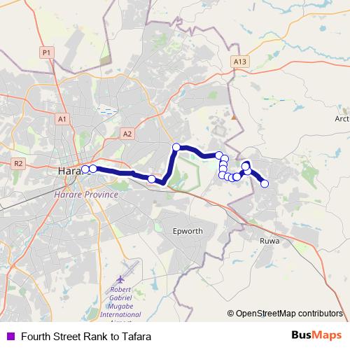 Fourth Street Rank to Tafara bus Line Map