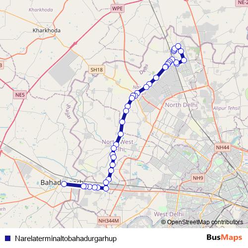 Narelaterminaltobahadurgarhup bus Line Map