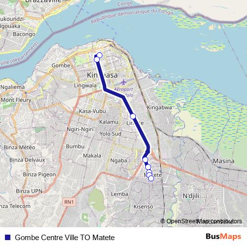 Gombe Centre Ville TO Matete bus Line Map