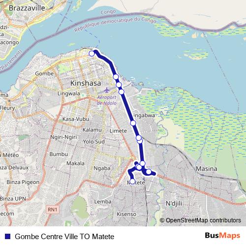 Gombe Centre Ville TO Matete bus Line Map