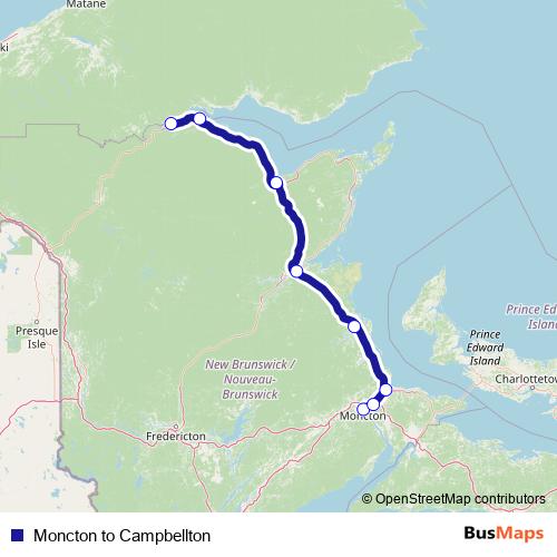 Moncton to Campbellton bus Line Map