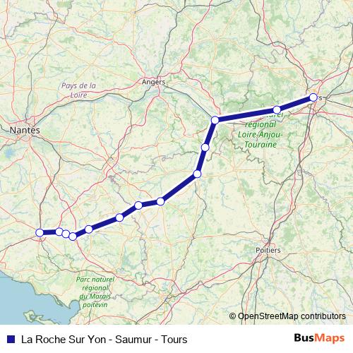 La Roche Sur Yon - Saumur - Tours rail Line Map