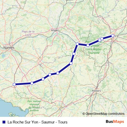 La Roche Sur Yon - Saumur - Tours rail Line Map