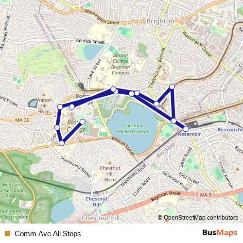 Comm Ave All Stops bus Line Map