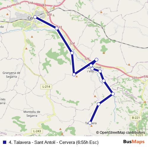 4. Talavera - Sant Antolí - Cervera (6:55h Esc) bus Line Map