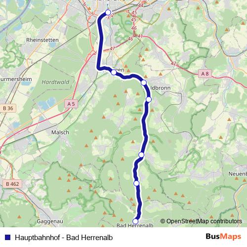 Hauptbahnhof - Bad Herrenalb rail Line Map