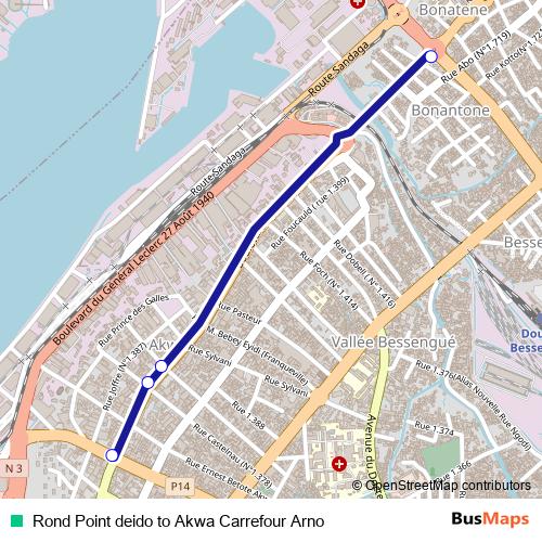 Rond Point deido to Akwa Carrefour Arno bus Line Map