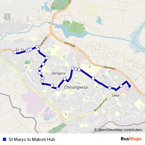 St Marys to Makoni Hub bus Line Map