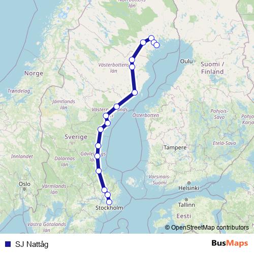 SJ Nattåg rail Line Map