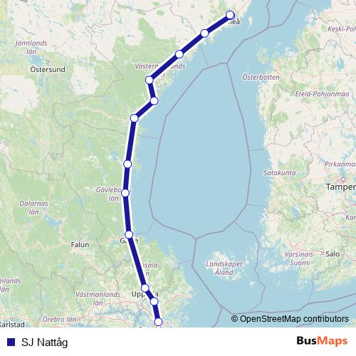 SJ Nattåg rail Line Map