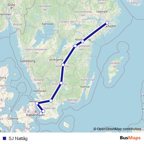 SJ Nattåg rail Line Map