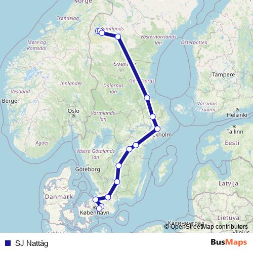 SJ Nattåg rail Line Map