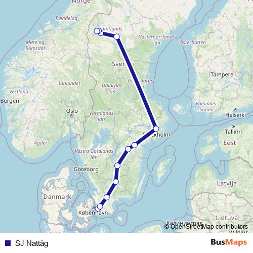 SJ Nattåg rail Line Map
