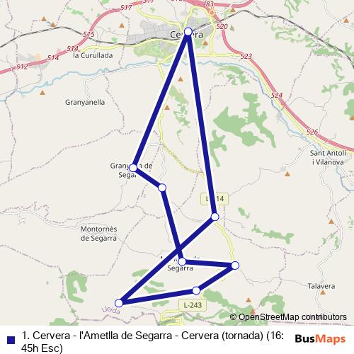 1. Cervera - l'Ametlla de Segarra - Cervera (tornada) (16:45h Esc) bus Line Map