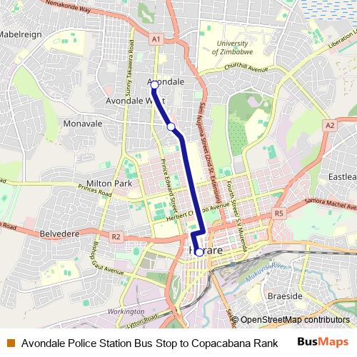 Avondale Police Station Bus Stop to Copacabana Rank bus Line Map