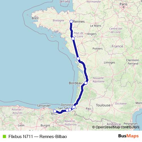 Flixbus N711 bus Line Map