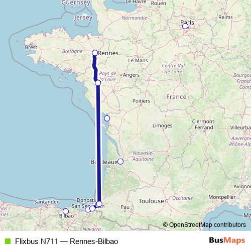 Flixbus N711 bus Line Map