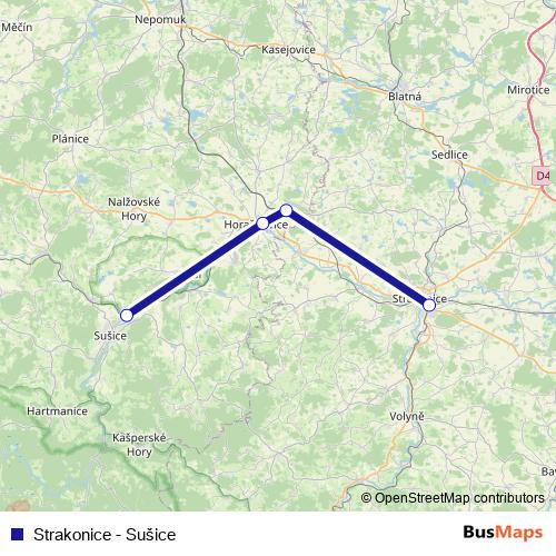 Strakonice - Sušice rail Line Map
