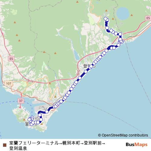 室蘭フェリーターミナル→幌別本町→登別駅前→登別温泉 bus Line Map