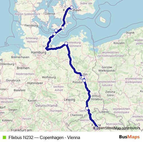 Flixbus N232 bus Line Map
