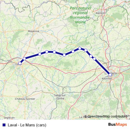Laval - Le Mans (cars) bus Line Map