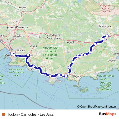 Toulon - Carnoules - Les Arcs rail Line Map