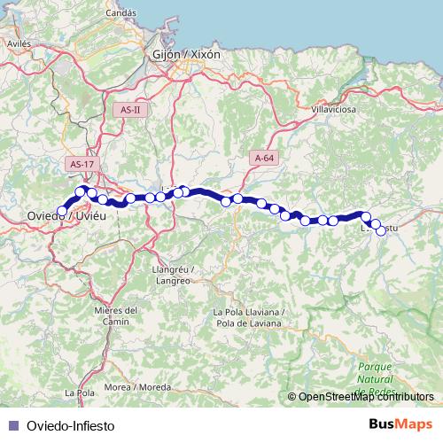 Oviedo-Infiesto rail Line Map