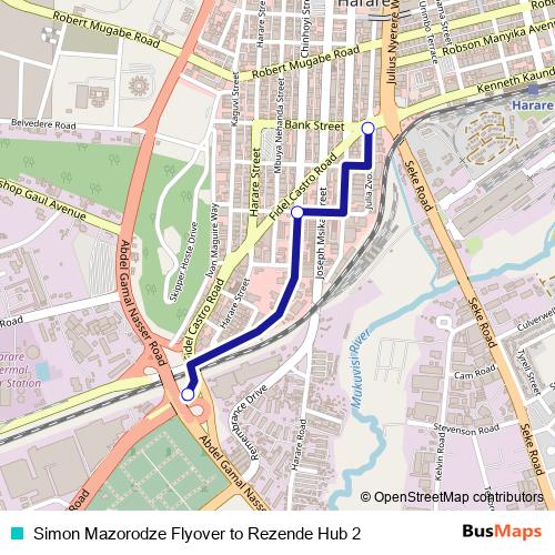 Simon Mazorodze Flyover to Rezende Hub 2 bus Line Map