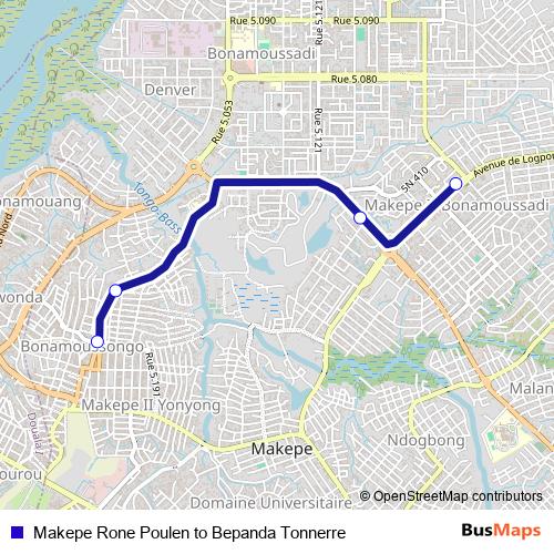 Makepe Rone Poulen to Bepanda Tonnerre bus Line Map