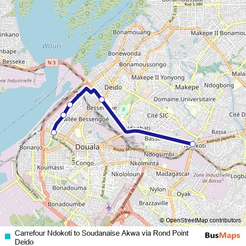 Carrefour Ndokoti to Soudanaise Akwa via Rond Point Deido bus Line Map