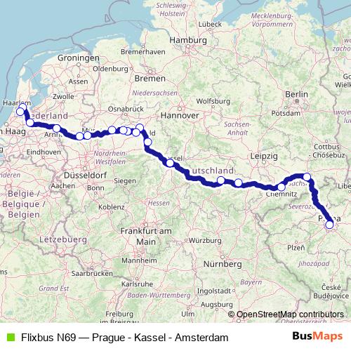 Flixbus N69 bus Line Map