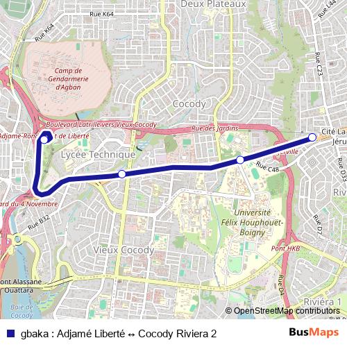 gbaka : Adjamé Liberté ↔ Cocody Riviera 2 bus Line Map