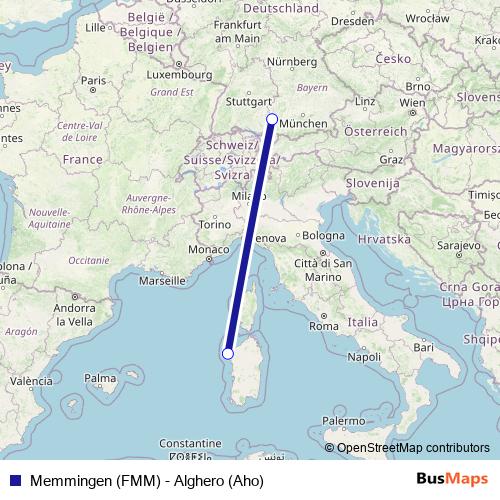 Memmingen (FMM) - Alghero (Aho) air Line Map